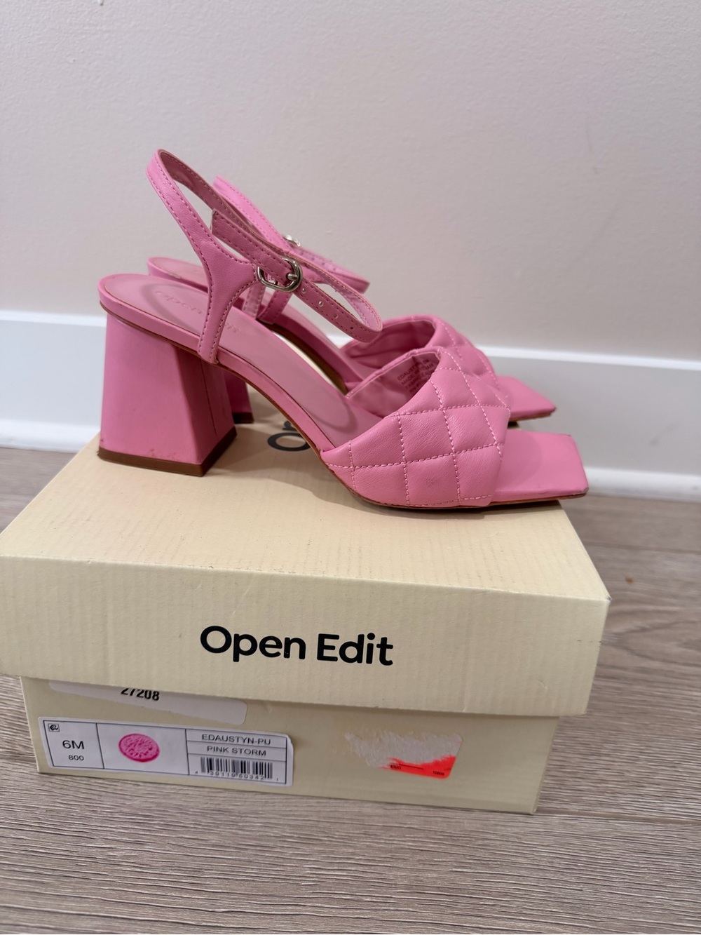 Open Edit Pink Quilted Block Heel Slingback Sandals